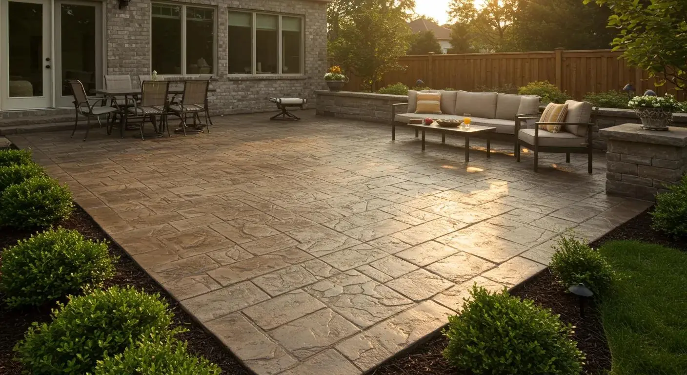 Stamped concrete patio in an ashlar slate pattern with outdoor seating and a stone planter wall