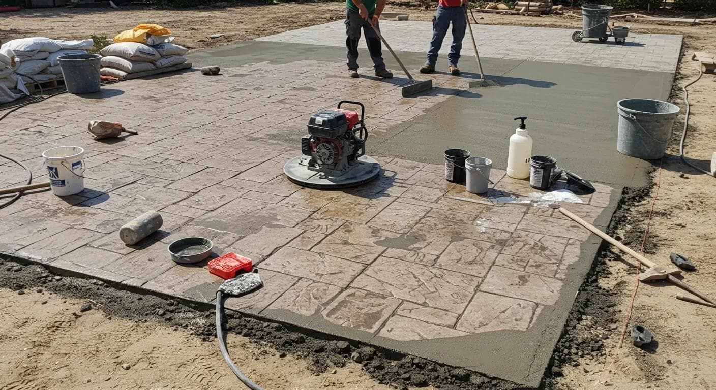 Crew stamping and finishing a freshly poured concrete patio