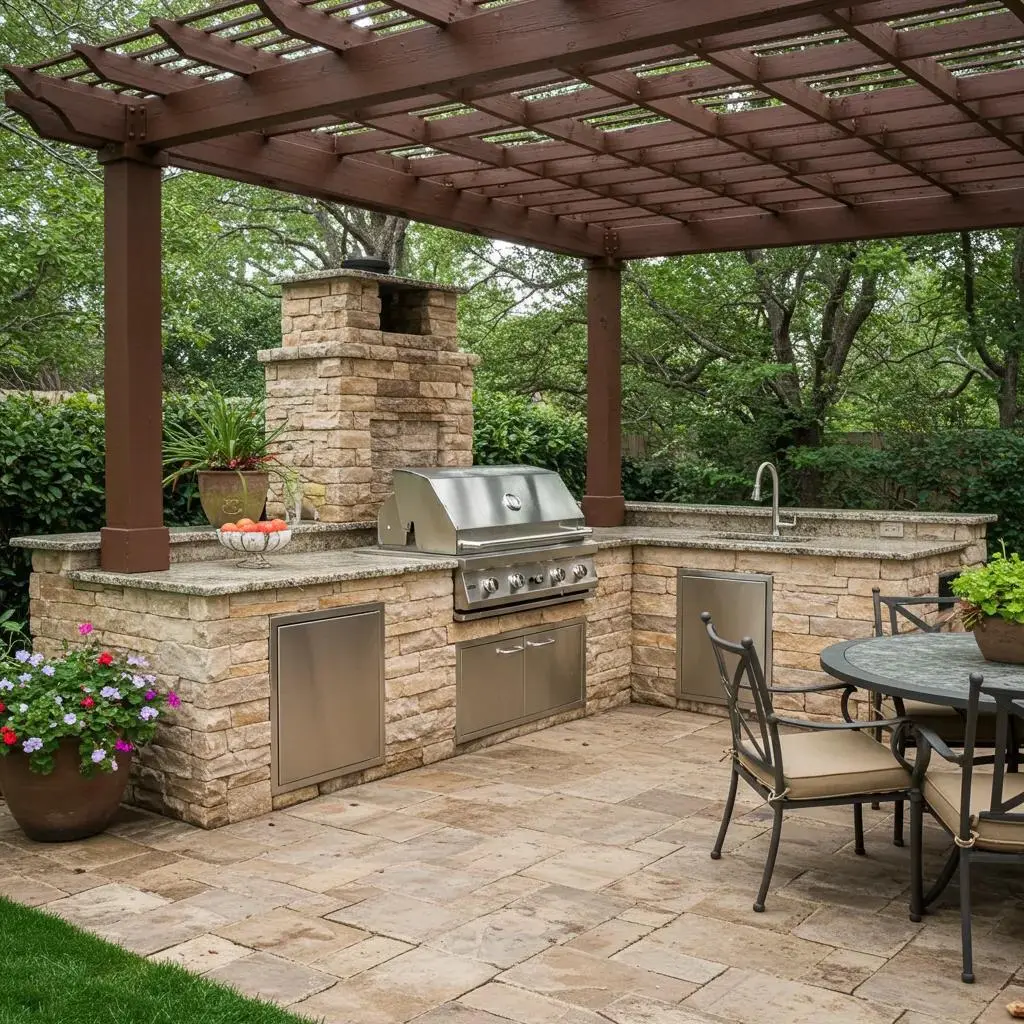 Stylish outdoor kitchen in San Antonio featuring a grill and dining area