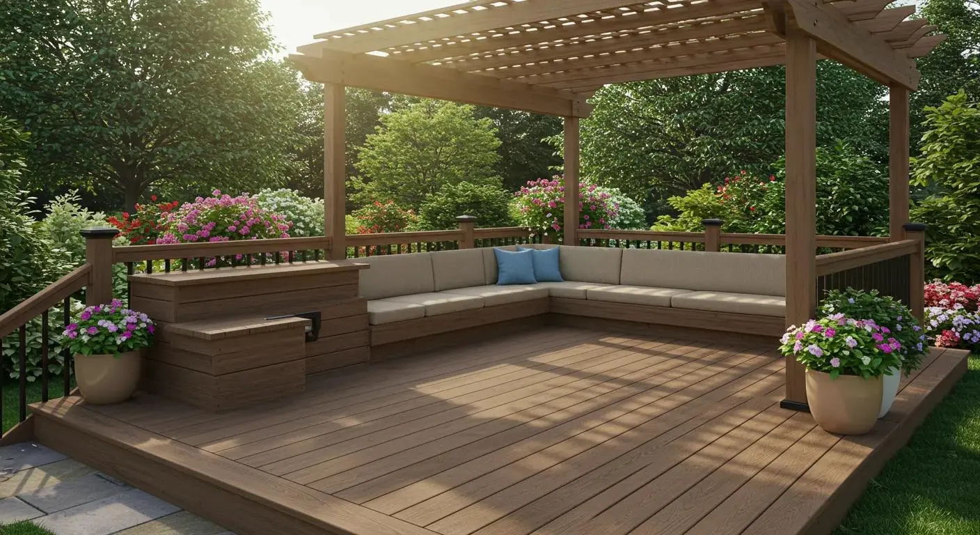 Composite deck with pergola and built-in bench seating