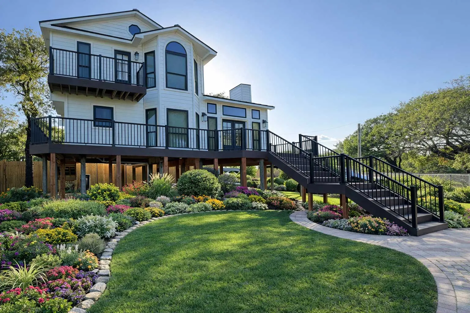 Elevated home with wraparound composite deck, black metal railings and landscaped yard