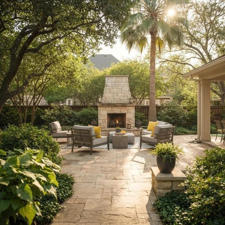 Custom patio design in San Antonio featuring natural stone flooring and outdoor furniture