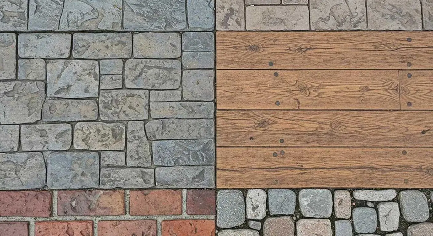 Four stamped concrete pattern samples: slate, brick, wood plank and cobblestone