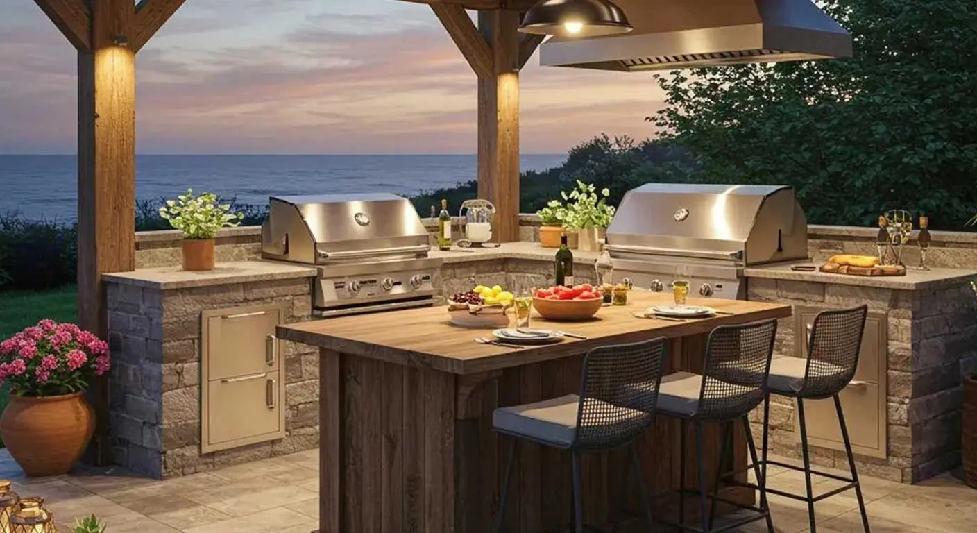 Custom outdoor kitchen design with counter seating and pendant lighting in a San Antonio backyard