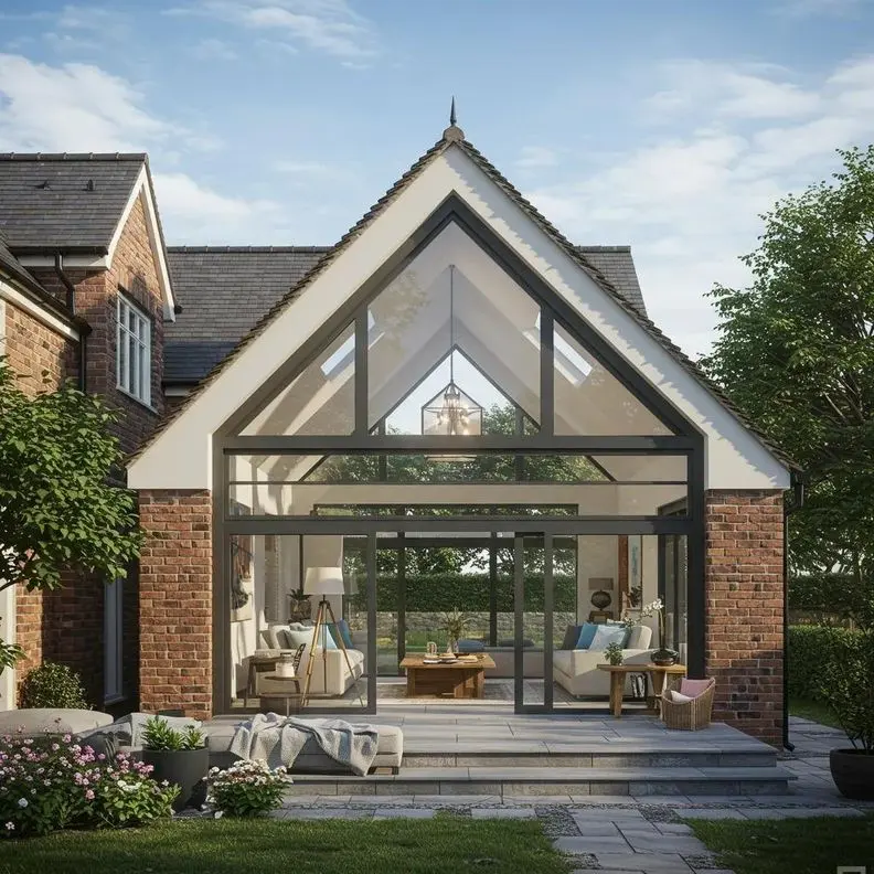Brick home addition with a glass gabled sunroom opening onto a stone patio Brick home addition with a glass gabled sunroom opening onto a stone patio