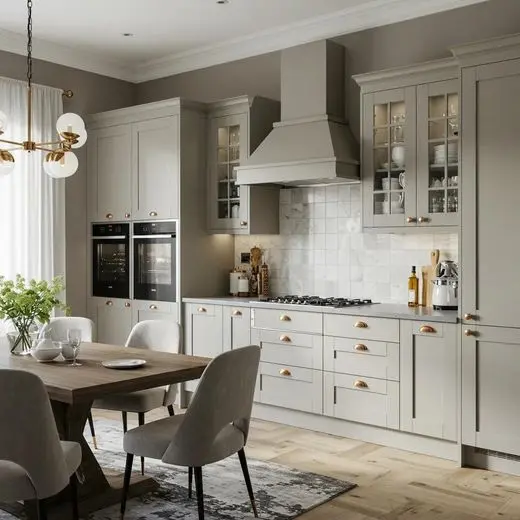 Issaquah greige shaker kitchen with glass front cabinets and marble backsplash