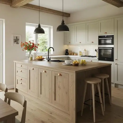 Bellevue kitchen with light oak island, copper cup pulls and exposed beams