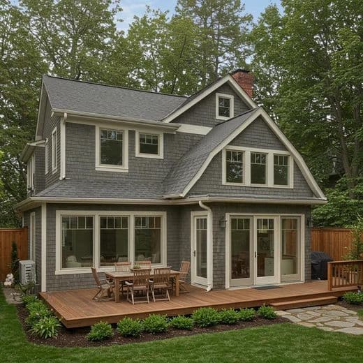 Two story gray shingle home addition with wood deck in Sammamish, WA
