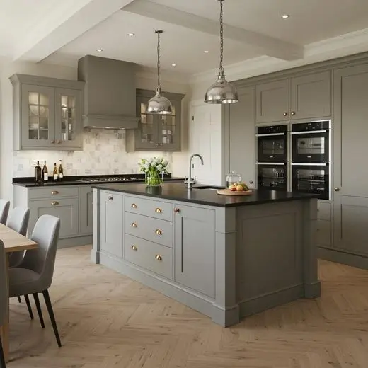 Mercer Island sage green shaker kitchen with black countertops
