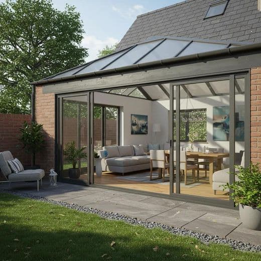 Sunroom addition with glass roof panels and sliding doors to the patio