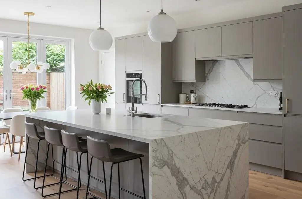 Minimalist gray kitchen with marble waterfall island, globe pendants and marble backsplash in Redmond, WA.