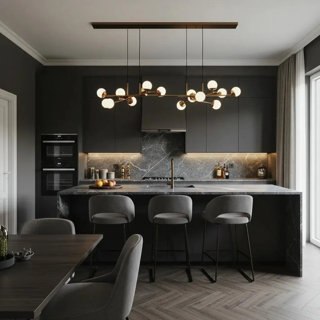 Dark charcoal kitchen design with brass branch chandelier, gray marble backsplash and upholstered barstools