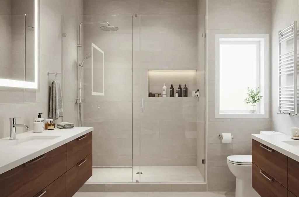 Modern bathroom with floating walnut vanities, glass walk-in shower and lighted shower niche.