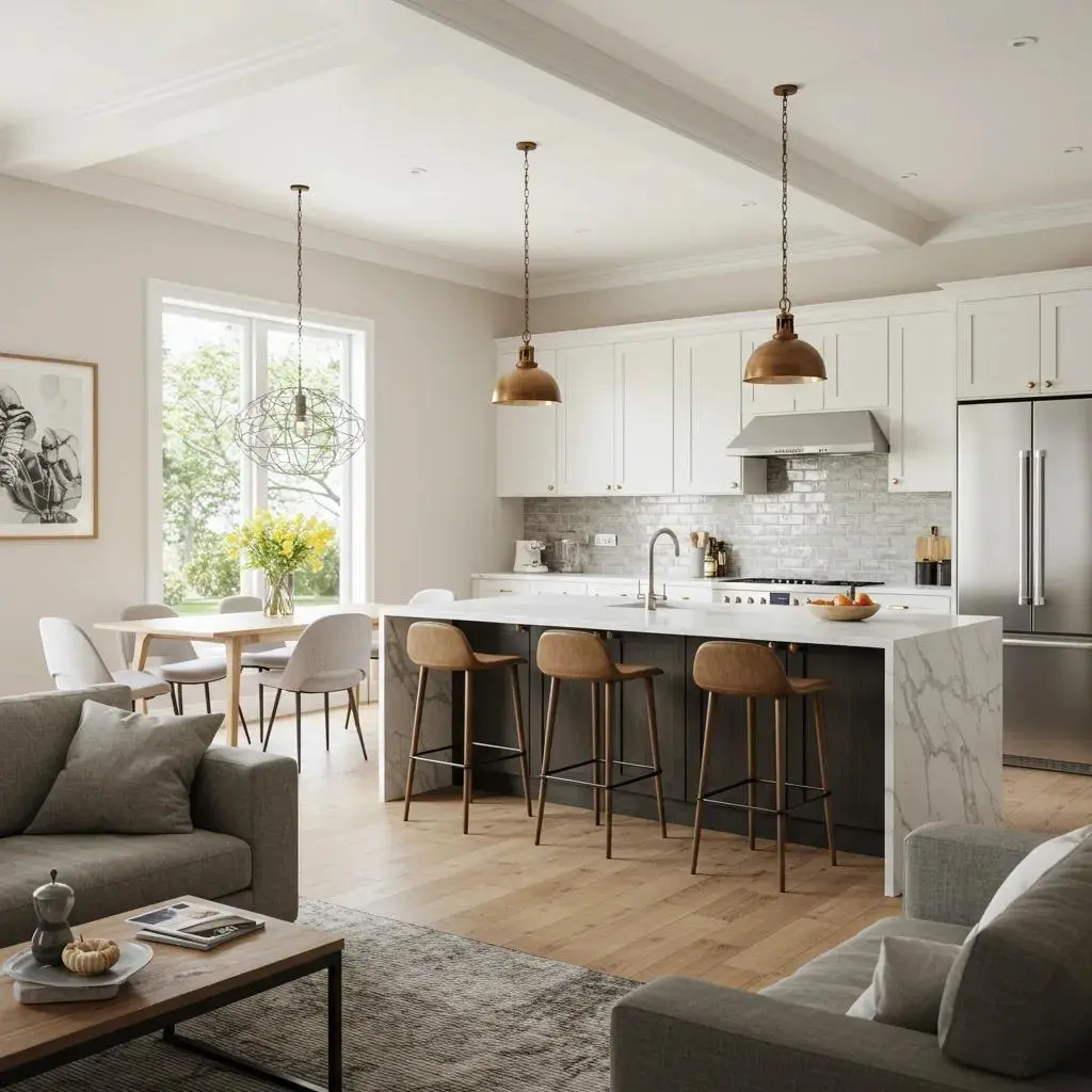 Open concept kitchen and living space with white cabinets, brass pendants and marble waterfall island.