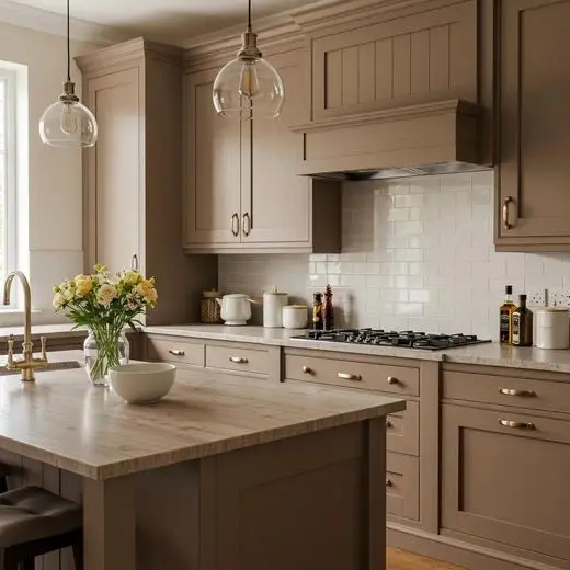 Kirkland taupe kitchen with white subway backsplash and brass faucet