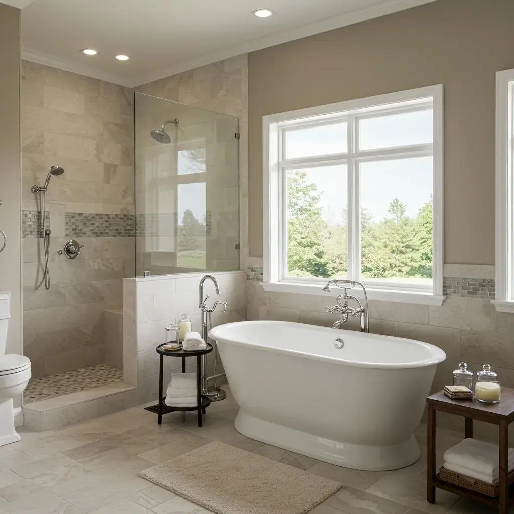 Bathroom with freestanding soaking tub under a picture window and glass walk-in shower in Issaquah, WA.