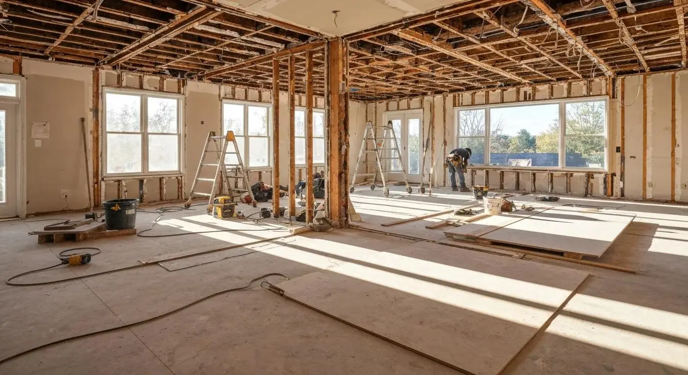 Full home remodel in progress showing structural framing and finish work