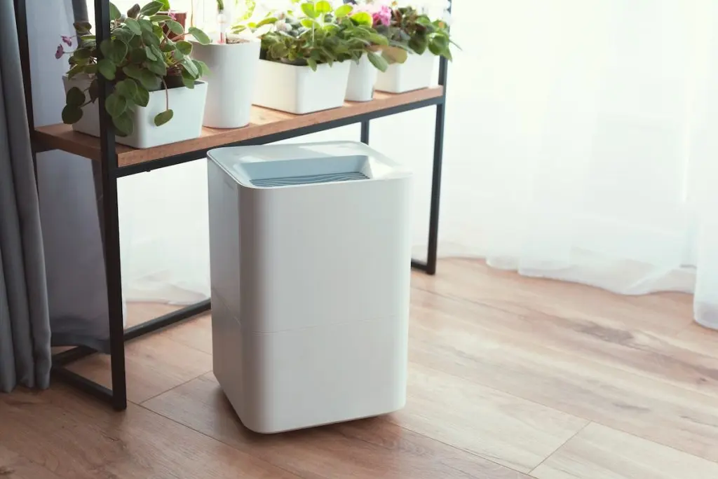 Modern air dehumidifier in living room. Comfortable living conditions.