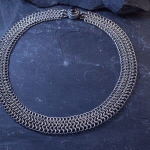 Sterling Silver Chainmail Necklace, Garnet Clasp