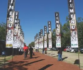 The Jimenuez conference, held by the Jimenez, Mexico, pecan growers association took place at the Tomas Uriona orchard. A pathway of crushed pecan shells directed attendees into the exhibit area. (Photo by Cindy Wise)