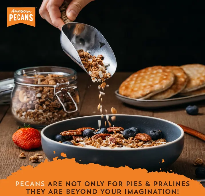 A screenshot of a social media post for pecans in India. Promoting the nut as a snack, the image reads, "Pecans are not only for pies and pralines. They are beyond your imagination."