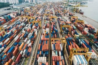 A transport ship with thousands of shipping containers on board in Bukit Merah, Singapore.