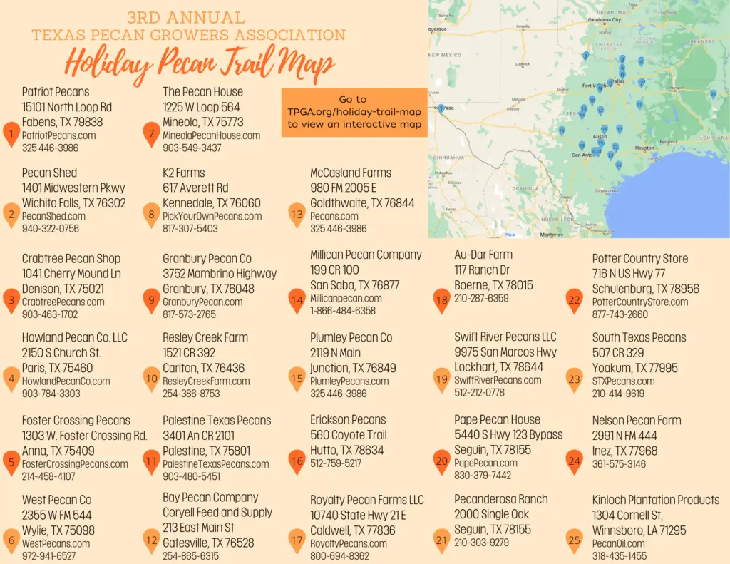 TPGA's Holiday Trail Map shows a list of pecan retail stores and orchards looking to sell to the general public this holiday season.