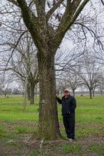 Kyle Durrence poses with one of his pecan trees at his orchard in Tatnell County near Reidsville, Georgia.