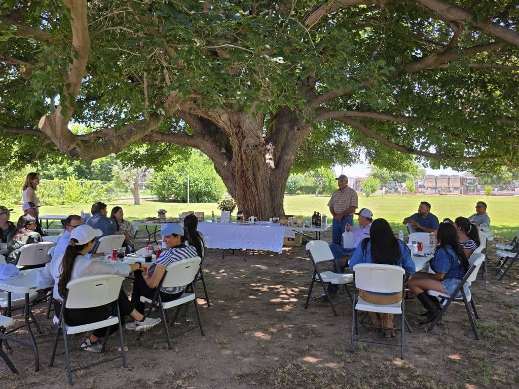 The group was treated to lunch and a pecan product showcase at the beautiful setting of Rio Bravo Farms. Industry members joined the lunch to highlight all the pecan products available and different ways to use them, including beauty products, beer, tea, flavored pecans, candy, oil, and more. Jim Montes, a pecan grower in El Paso County, is seen here speaking to the group about all the local businesses he partners with to use pecan products, including a local brewery creating pecan beers and a pizza restaurant using pecan wood in their pizza oven. (Image provided by Blair Krebs)