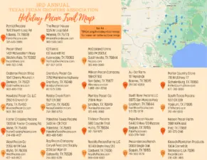 TPGA's Holiday Trail Map shows a list of pecan retail stores and orchards looking to sell to the general public this holiday season.