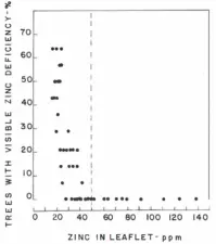 X-axis shows the zinc in a pecan leaflet by parts per million; the y-axis shows the percentage of trees with visible zinc deficiency. The majority of trees plotted with a zinc leaflet level below 50 ppm exhibit visible symptoms of a deficiency. The points representing trees with levels of 50 and higher sit around 0% with visible zinc deficiency.