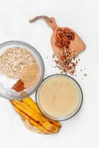 Ingredients for banana pecan muffins.