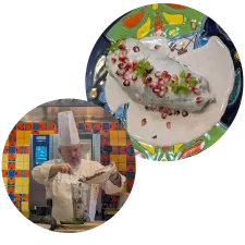 Chef Sergio Remolina from the Culinary Institute of America leads a culinary demonstration, incorporating pecans into a recipe for stuffed poblano chiles.