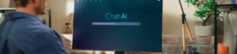 Creative Prompt Engineer Sits at a Desk Using a Computer, Using AI Chatbot Virtual Assistant. Ai-powered Tool Enhances Task Management and Boosts Efficiency Through Intelligent Productivity Assistance