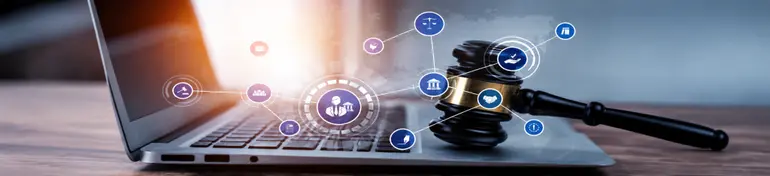 Legal Technology and Digital Litigation Digital legal technology concept with a judge’s gavel, laptop, and connected legal icons.
