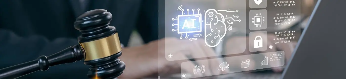 Image of a gavel and an AI tool