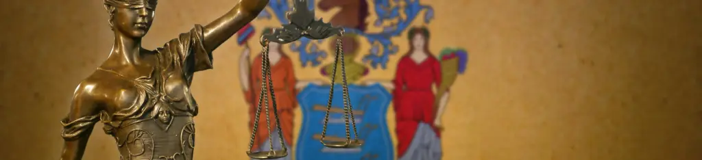 Close-up of a small bronze statuette of Lady Justice before a flag of New Jersey.