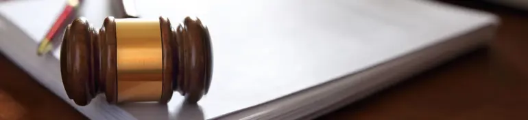 A gavel and ballpoint pen rest on top of a stack of legal documents