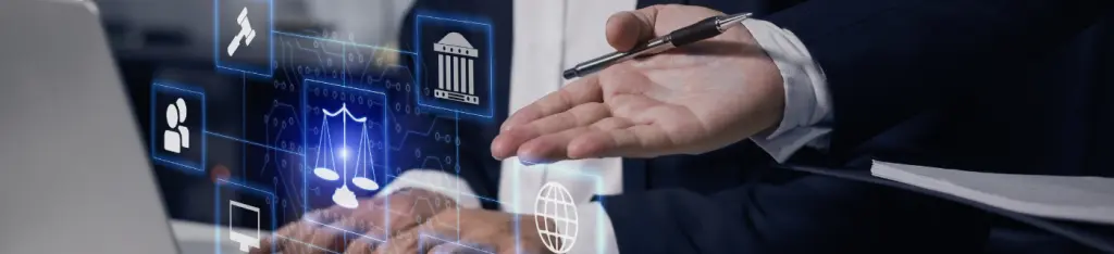 Lawyer hands holding digital laptop with law network interface icons.