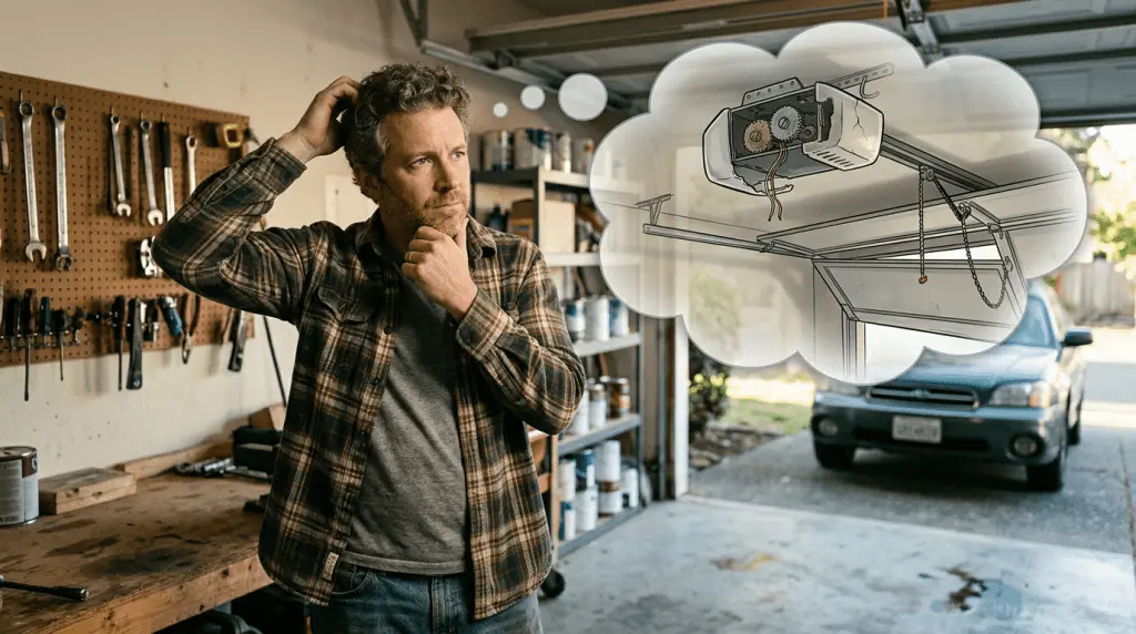 Man scratching head in garage thinking about broken garage door opener gears