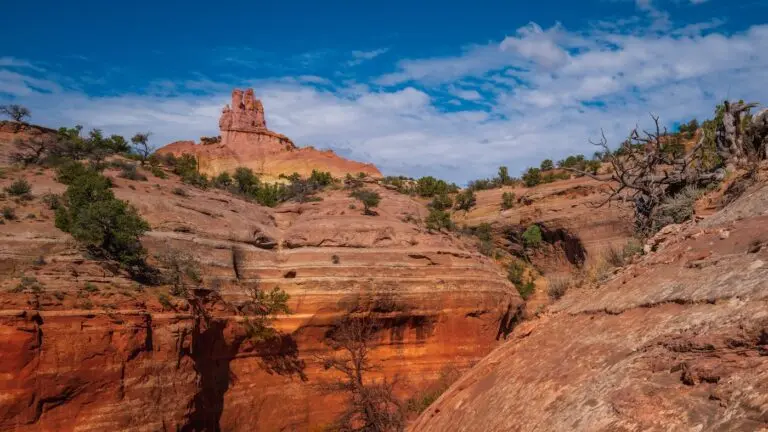 Church Rock and eroded rock wall trails in Red Rock Park in Gallup, McKinley County, New Mexico, USA