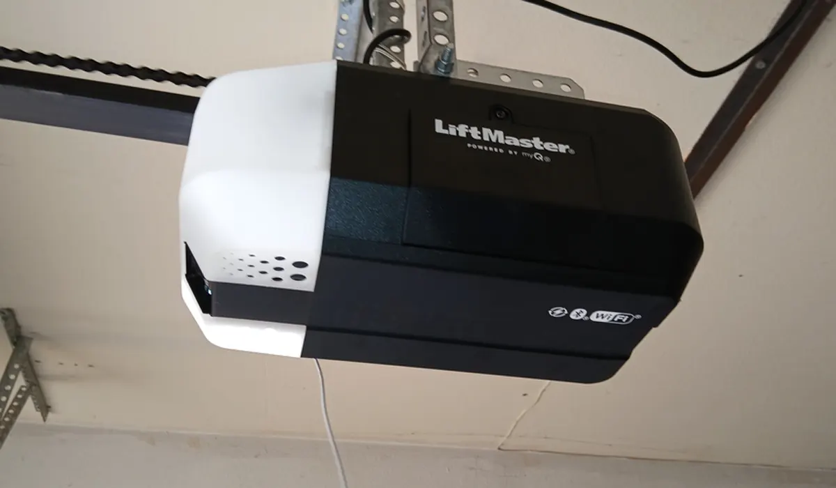LiftMaster garage door opener mounted on a garage ceiling