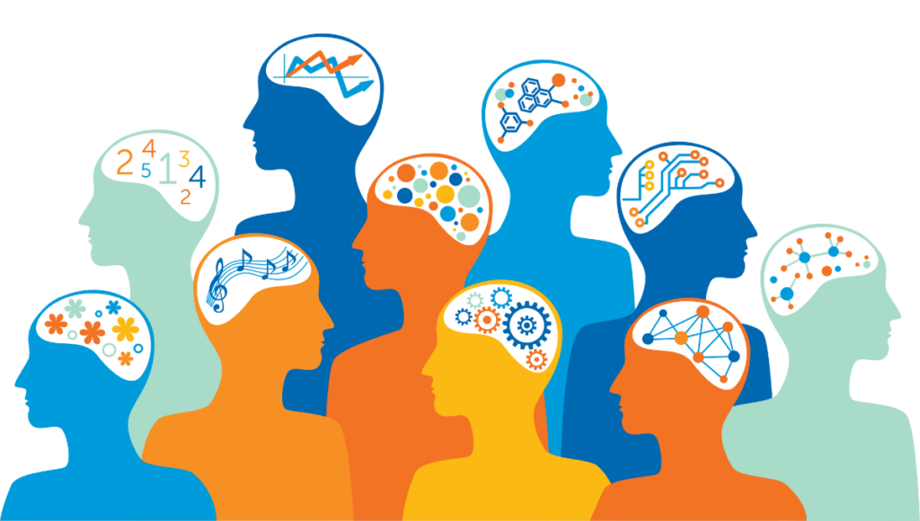 Illustration of silhouettes with brains and differing thoughts