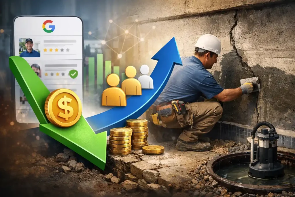 Basement waterproofing contractor repairing a foundation wall beside a sump pump with Google Local Service Ads lead generation graphics