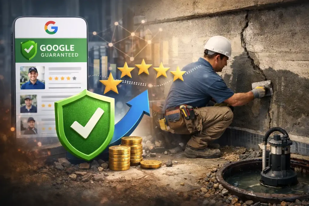 Basement waterproofing contractor sealing a foundation wall next to a sump pump system, with a visual representation of Google Local Service Ads, Google Guaranteed badge, and customer review ratings.