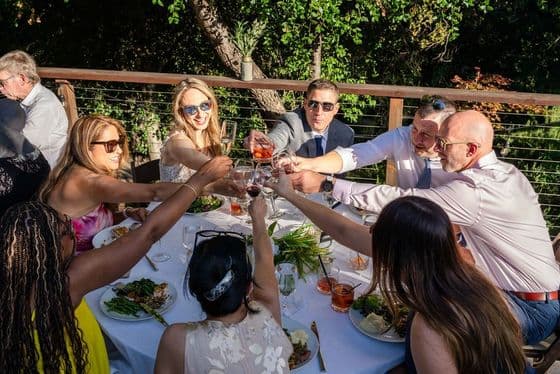 Wedding guests dining and toasting at a relaxed backyard celebration in Monte Sereno catered by Handheld Catering