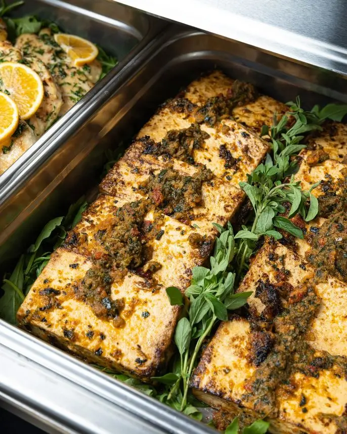 Herb-crusted tofu in a professional chafing dish for vegan buffet service by Handheld Catering