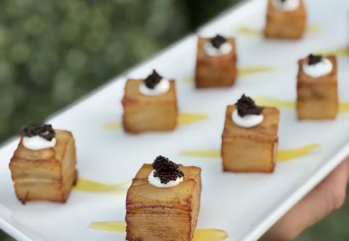 Signature Mille-Feuille Potato with caviar served at a downtown San Jose executive conference catered by Handheld Catering