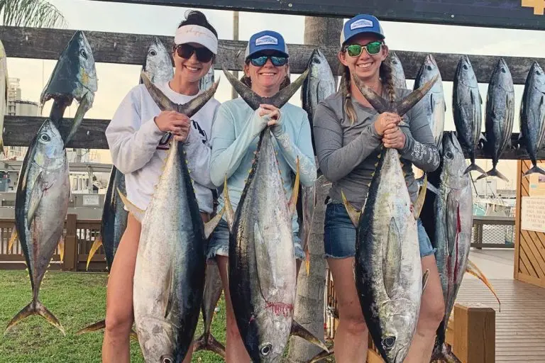 Three Girls Holding Big Yellow Fin Fish with Fishes in the Background