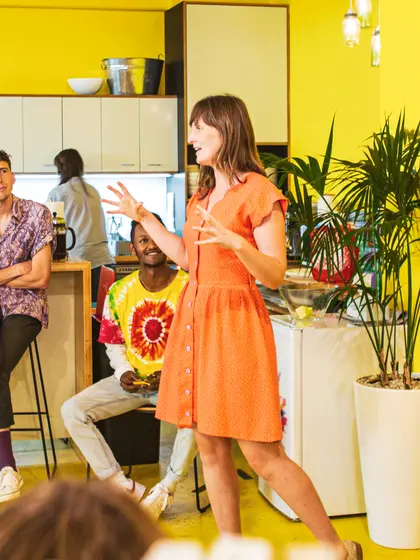 Founder pitching in Creative HQ office